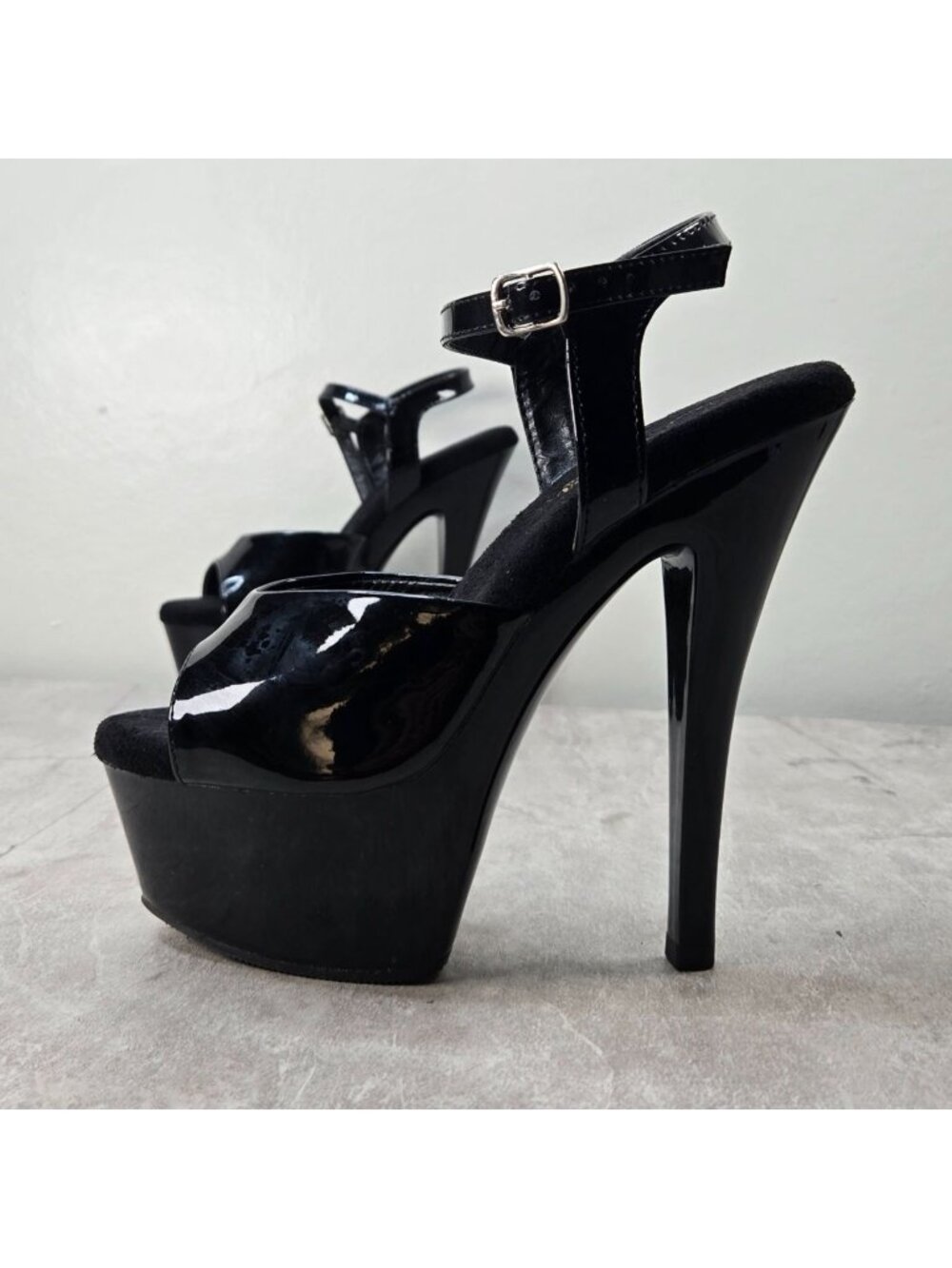 Pleaser Stiletto Ultra High Heels Sz 6 Black Patent Leather Platform Dancer Pump